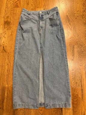 Classic High-Waist Denim Midi Skirt in Light Blue